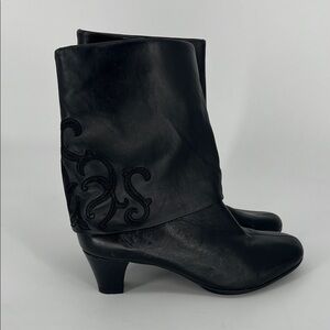 Umberto Raffini Black Heeled Embroidered Cuffed Leather Boots Women’s Size 7